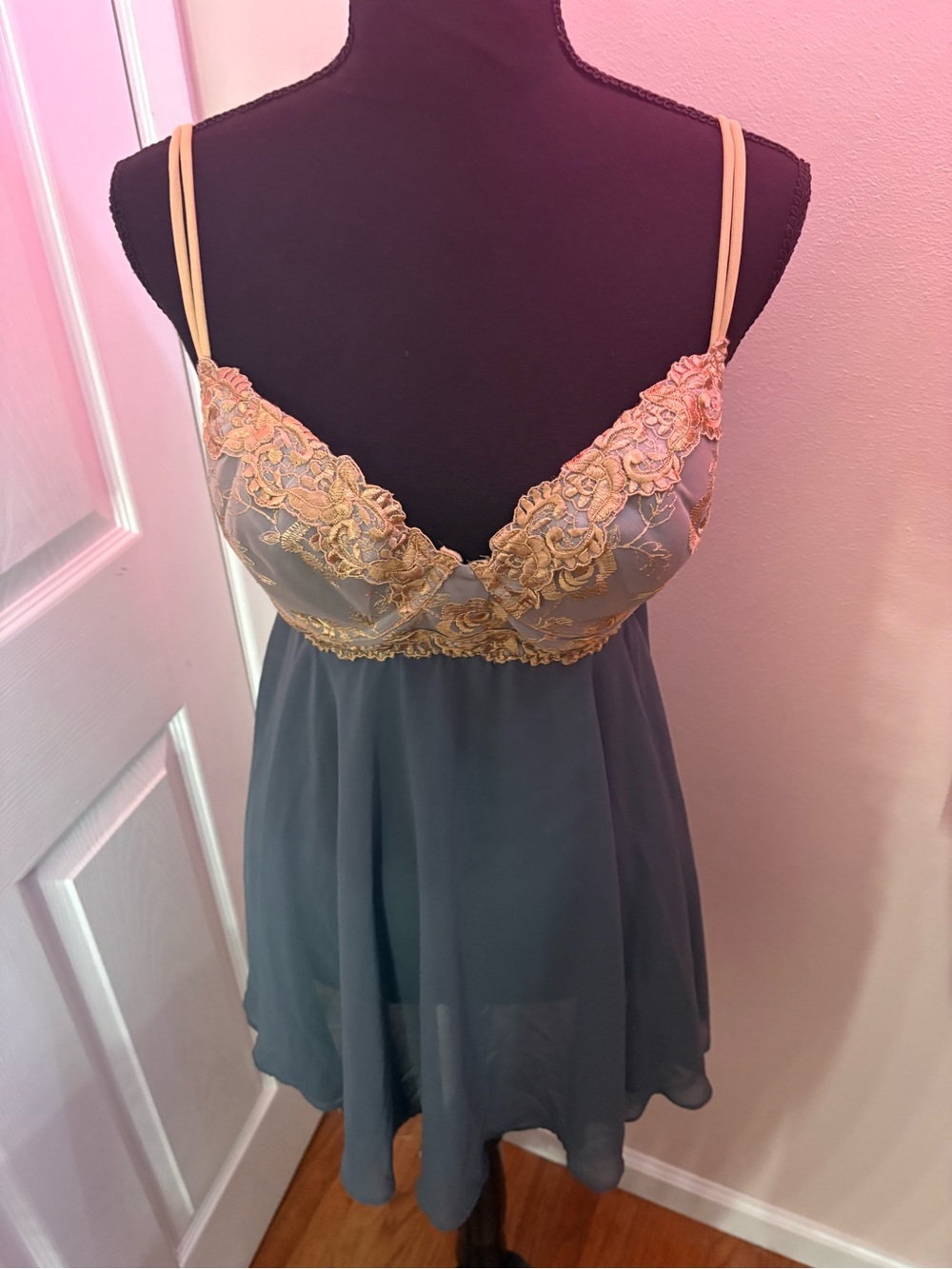 Vintage Victoria's Secret Sage Chiffon Chemise with Gold Lace